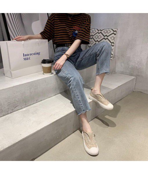 2020 new one legged flat shoes lazy thick bottom grass woven fairy wind lace fisherman's shoes small fragrant net red single shoes