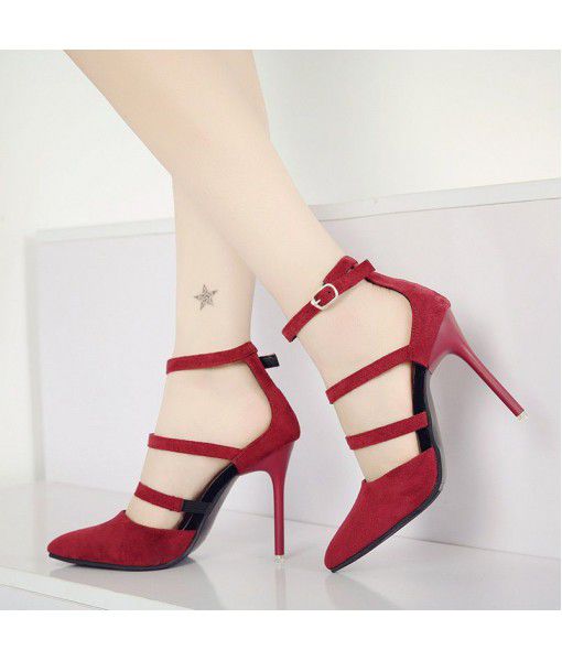 2019 new sandals, high heels, women's summer sexy thin heels, Suede Heels, Baotou, light mouth, button point single shoes