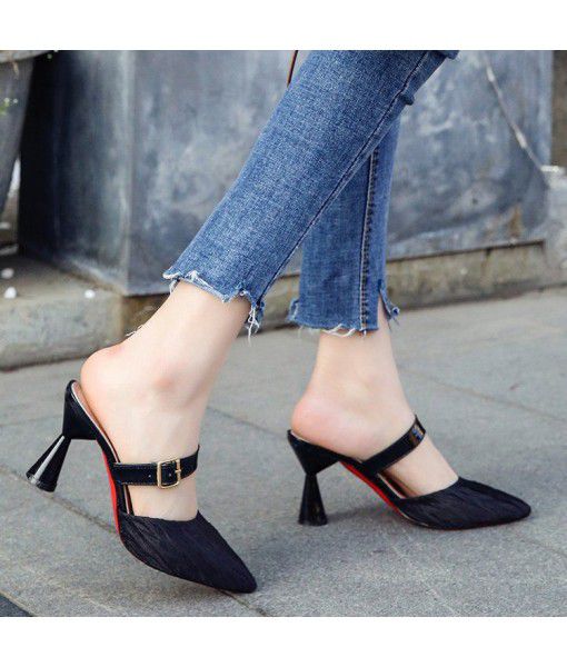 2020 summer new pointy women's half slippers fashion all-around fitting room high heel one foot lazy sandals foreign trade