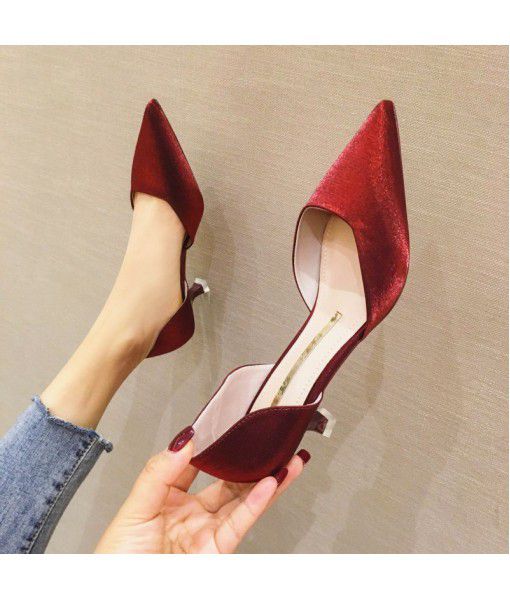 820-0 Korean version 2020 spring a party party for women's high heel hollow shallow mouth thin heel square mouth 5cm single shoe