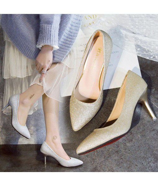 Spring and summer 2019 shallow mouth crystal shoes gold wedding shoes bride silver high heels thin heel pointed Sequin single shoes women's shoes