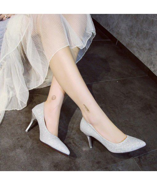 Spring and summer 2019 shallow mouth crystal shoes gold wedding shoes bride silver high heels thin heel pointed Sequin single shoes women's shoes