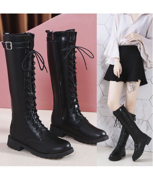 Large European, American, autumn and winter new net red, all kinds of thin, medium and thick heel lace up decoration, high cylinder side zipper riding boots trend