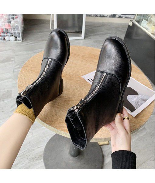 [exploding boots, 69 packages and mail] leather front zipper boots on the first layer, Korean version boots