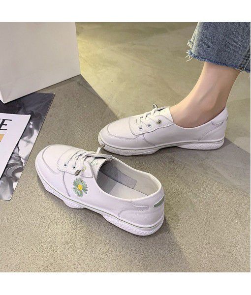 Small daisy leather small white shoes women's 2020 spring and summer new top layer cow leather elastic belt shoes student flat bottom women's shoes