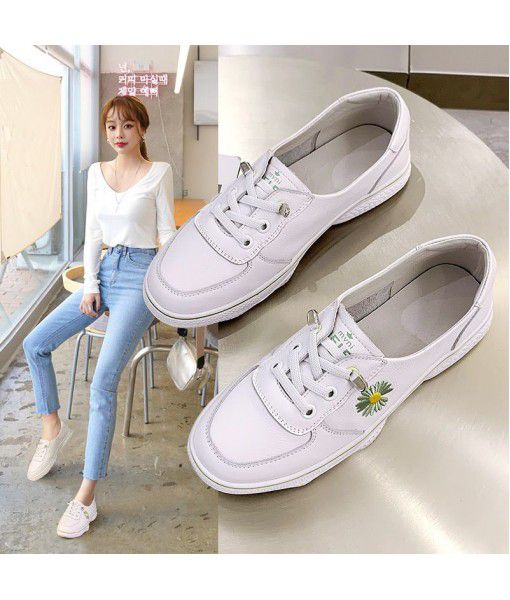 Small daisy leather small white shoes women's 2020 spring and summer new top layer cow leather elastic belt shoes student flat bottom women's shoes