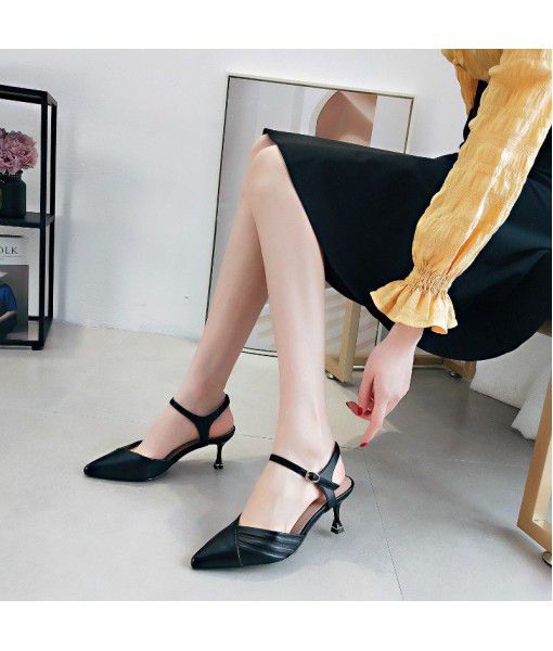 2020 summer new style simple temperament pointy small high heels women's sandals leather half pack women's shoes one generation fashion