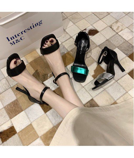 New style fashion in summer 2020, thin heel, one word buckle belt, leather, European and American style, high-heeled sandals, simple and versatile for women