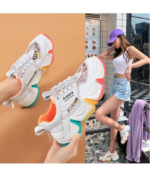 Leather dad shoes women 2020 summer new mesh rainbow bottom women's shoes all in one
