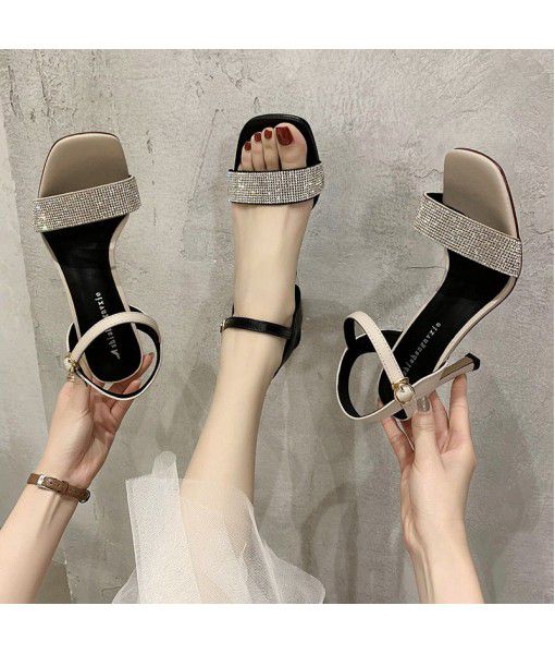 Cowhide high-heeled Rhinestone sandals for women a new European and American fine heeled and gentle fashion shoes for women in 2020 summer
