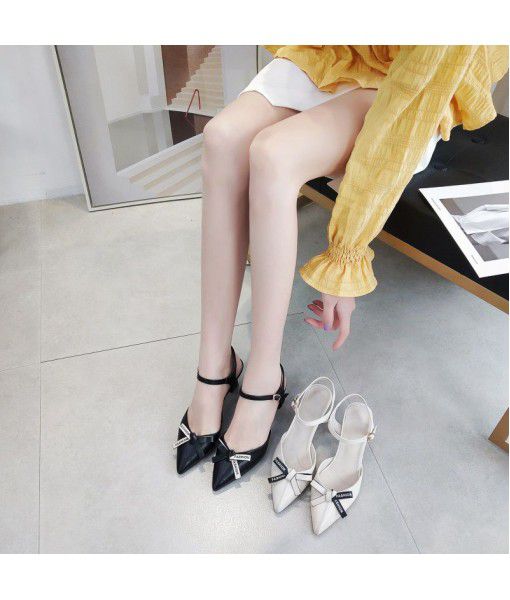 Baotou sandals women's 2020 new summer fashion pointy bow with blank buckle and thick heels