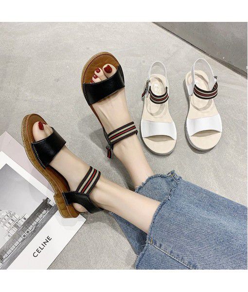 Sandals women 2020 summer new flat bottomed student elastic belt women's shoes leather versatile casual factory wholesale spot