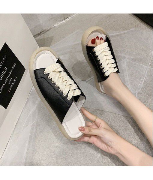 Casual cool slippers women's ins fashion 2020 summer new one word trawl red all over leather women's shoes