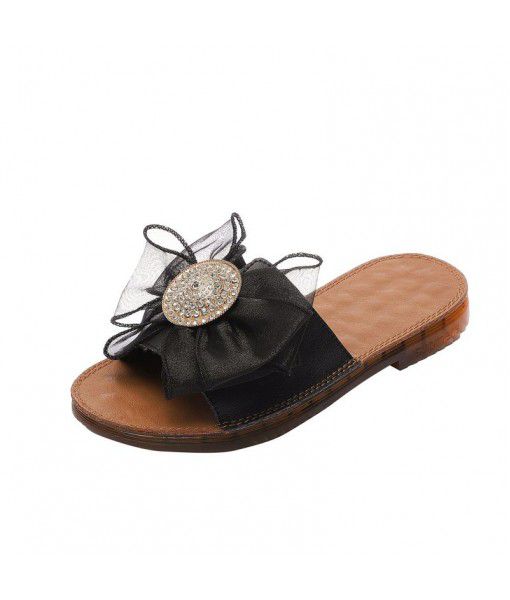 Summer leather one word sandals for women 2020 new flat bottom bow tie Rhinestones for women manufacturers wholesale group buying trend