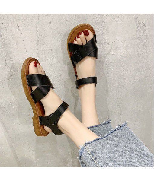 Sandals women 2020 summer new flat bottom student Velcro women's shoes leather all-around casual factory wholesale group purchase