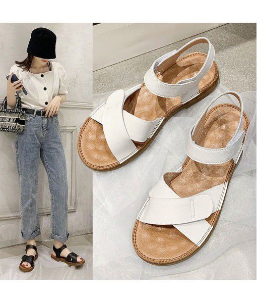 Sandals women 2020 summer new flat bottom student Velcro women's shoes leather all-around casual factory wholesale group purchase