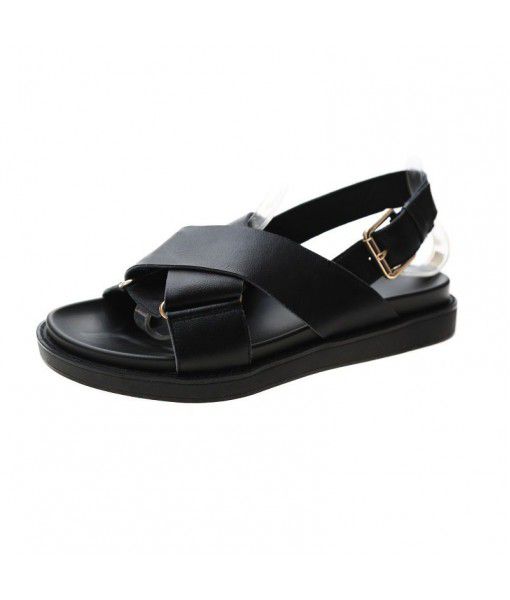 Women's leather flat bottom Sandals: a new generation of black cross and all-around student casual shoes in the summer of 2020