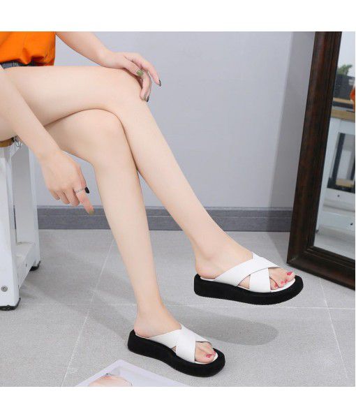 Leather cross one word slippers for women to wear outside slippers