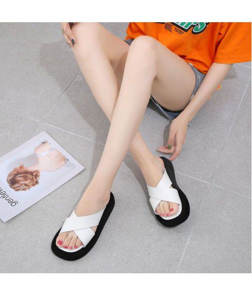 Leather cross one word slippers for women to wear outside slippers