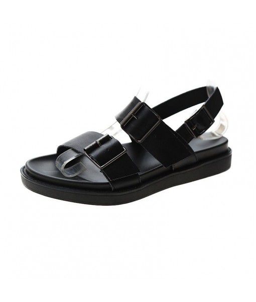 Women's leather flat bottom Sandals: a new generation of black cross and all-around student casual shoes in the summer of 2020