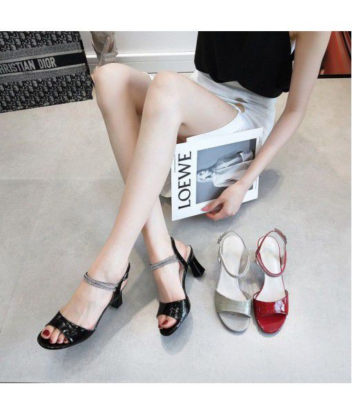 High heeled sandals women 2020 summer new all-around Rhinestone rough heel casual leather shoes manufacturers group buying wholesale trend