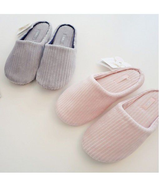 Halluci fall and winter short pile breathable solid color cotton slippers simple vertical stripe antiskid comfortable indoor home slippers