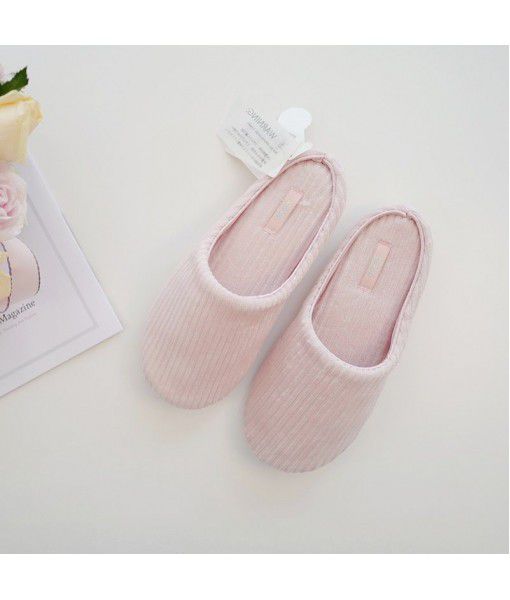 Halluci fall and winter short pile breathable solid color cotton slippers simple vertical stripe antiskid comfortable indoor home slippers