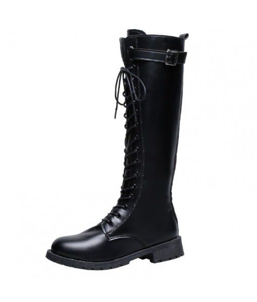 Large European, American, autumn and winter new net red, all kinds of thin, medium and thick heel lace up decoration, high cylinder side zipper riding boots trend