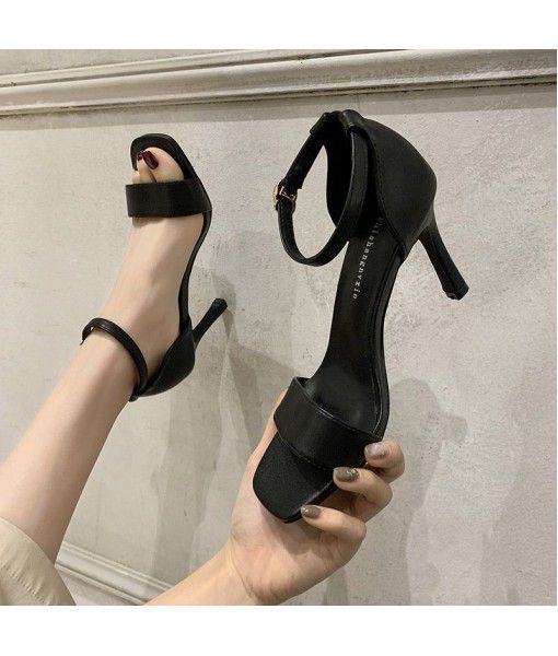 New style fashion in summer 2020, thin heel, one word buckle belt, leather, European and American style, high-heeled sandals, simple and versatile for women