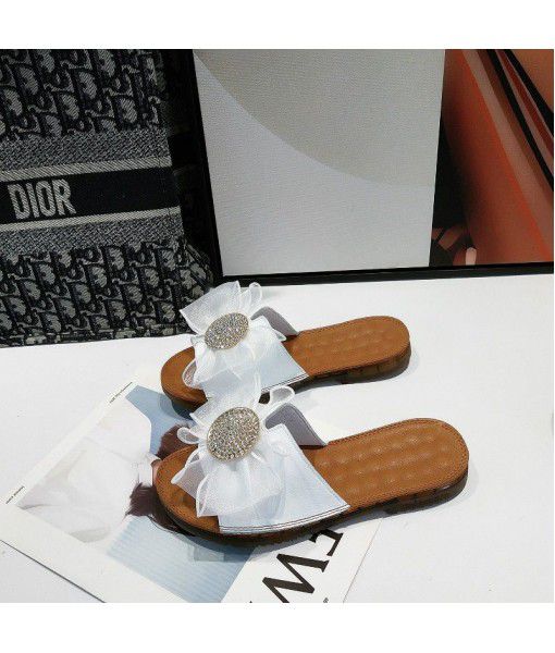 Summer leather one word sandals for women 2020 new flat bottom bow tie Rhinestones for women manufacturers wholesale group buying trend