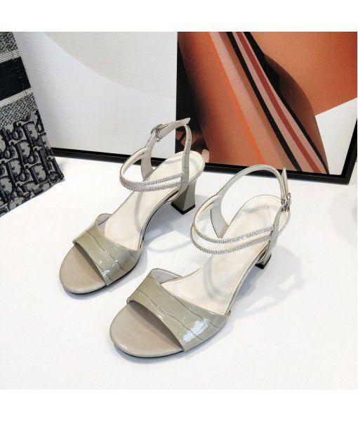 High heeled sandals women 2020 summer new all-around Rhinestone rough heel casual leather shoes manufacturers group buying wholesale trend