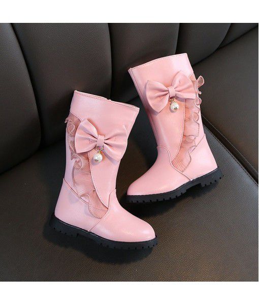 2019 winter new children's fashion Korean girls' short plush high boots middle and large children's side zipper bow cotton boots