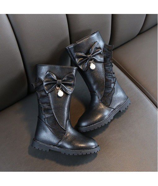 2019 winter new children's fashion Korean girls' short plush high boots middle and large children's side zipper bow cotton boots