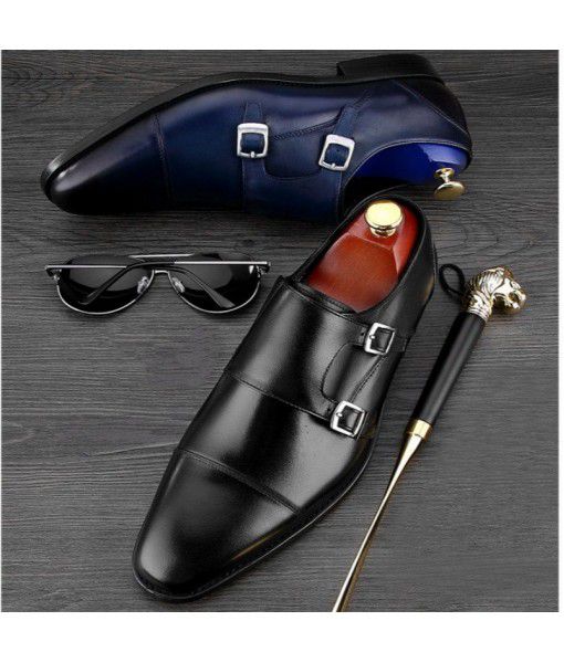 Spring and autumn 2020 men's business dress leather shoes men's large size double buckle personalized youth cross border fashion shoes