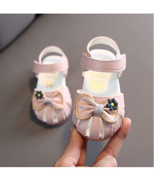 2020 summer new Korean baby Baotou soft bottom sandals bow knot female baby 0-2 years old walking sandals
