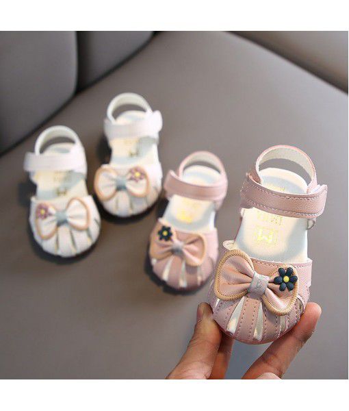 2020 summer new Korean baby Baotou soft bottom sandals bow knot female baby 0-2 years old walking sandals