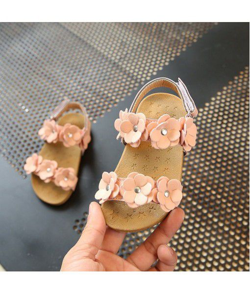 2018 summer new style cow tendon soft bottom big flower sandals student flower children's sandals Girl Flower Baby sandals