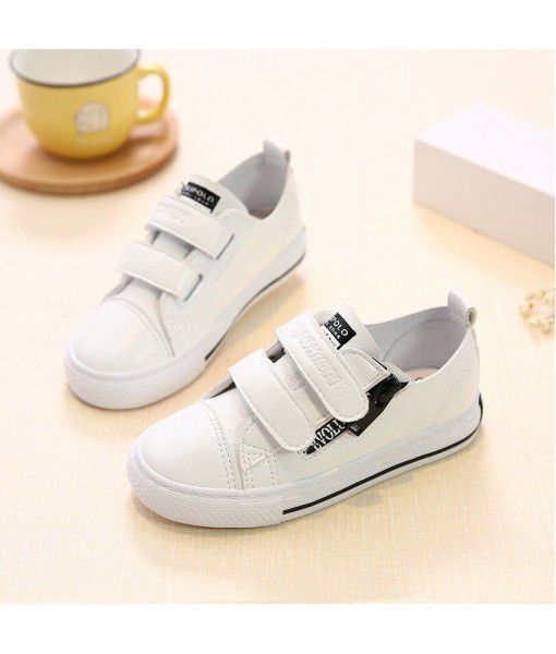 2020 new Beibei low top children's shoes boy's solid color Pu board shoes small white shoes women's Korean Velcro casual shoes