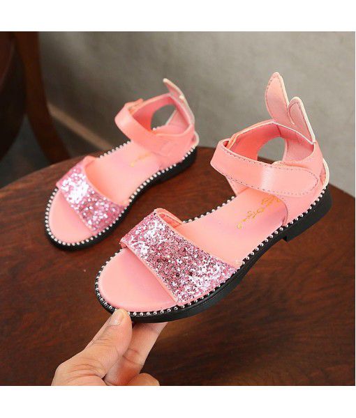 2018 summer new children's Korean girls' Sequin open toe sandals small and medium-sized children's lovely bag heel Roman shoes