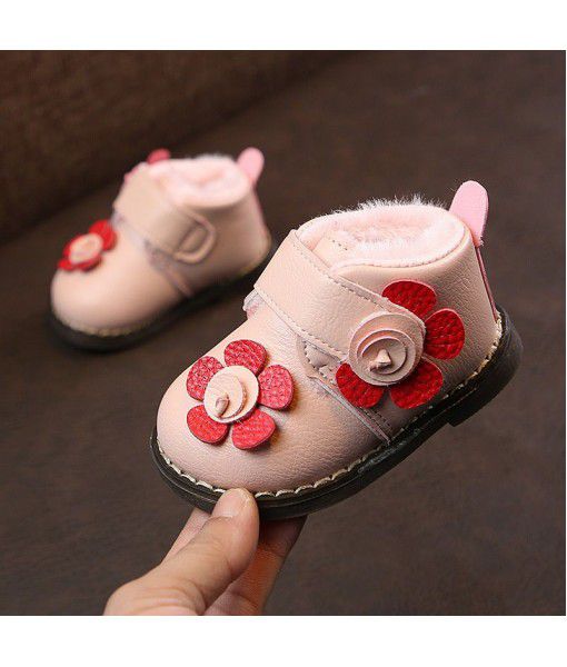 2018 winter new girls' shoes Korean flower soft bottom warm Velcro and warm boots 0-1-2 years old