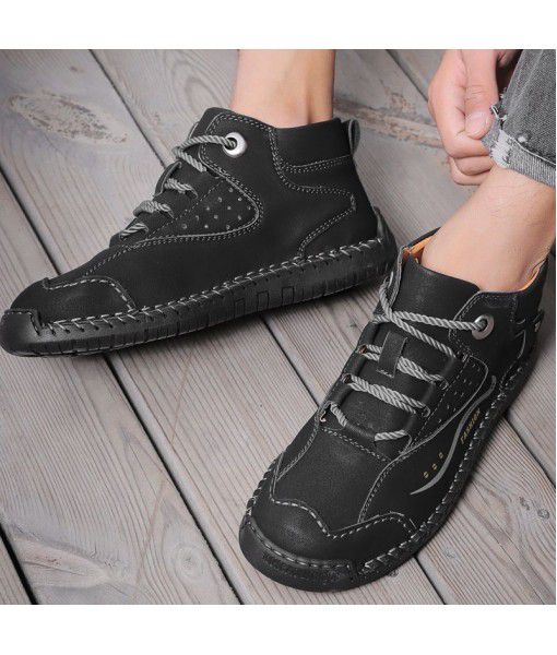 New men's high top outdoor leather shoes in autumn and winter 2019 with plush and thickening, warm, comfortable and fashionable hand-made leather shoes
