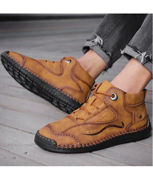 New men's high top outdoor leather shoes in autumn and winter 2019 with plush and thickening, warm, comfortable and fashionable hand-made leather shoes