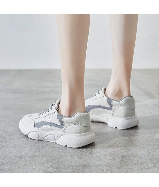 Shoes women's spring 2020 South Korean version of INS dad Chao shoes toe layer cowhide small white shoes women's leisure sports single shoes