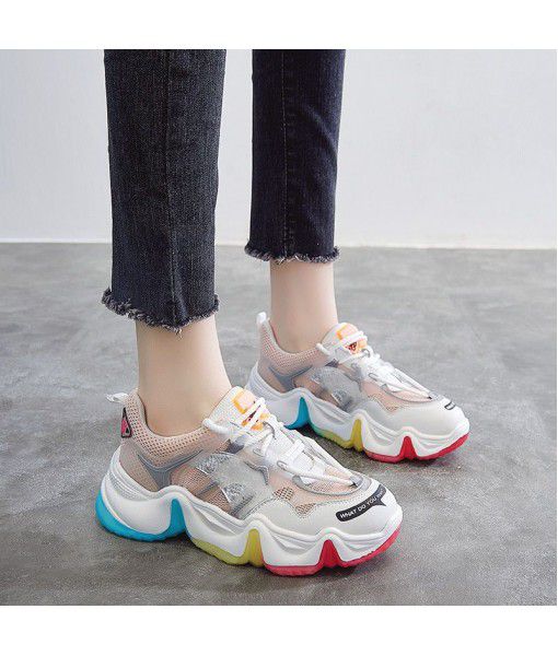 Rainbow bottom through the net spring 2020 leather dad shoes women's sports leisure shoes net red super fire women's shoes ins trend