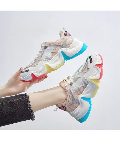 Rainbow bottom through the net spring 2020 leather dad shoes women's sports leisure shoes net red super fire women's shoes ins trend