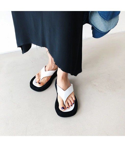 Leather herringbone sandals for women wear 2020 new summer first layer cow leather flat heel thick bottom beach shoes