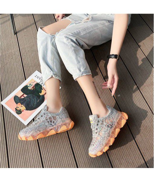 2020 summer new air permeable Rhinestone Sequin mesh openwork transparent thick bottom heightening crystal bottom daddy shoes female