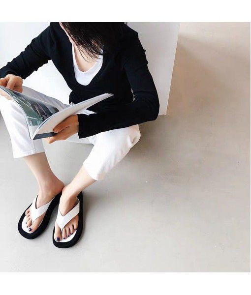 Leather herringbone sandals for women wear 2020 new summer first layer cow leather flat heel thick bottom beach shoes