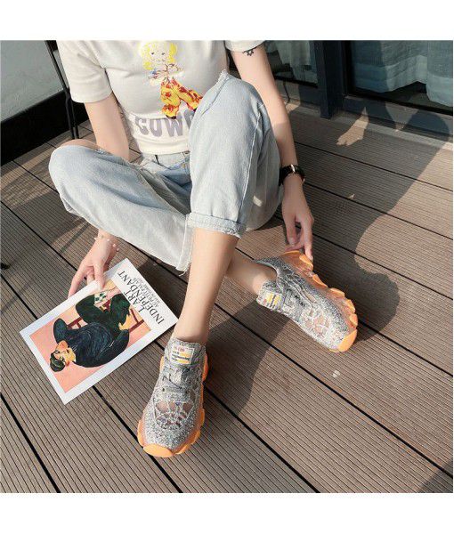 2020 summer new air permeable Rhinestone Sequin mesh openwork transparent thick bottom heightening crystal bottom daddy shoes female
