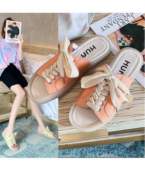 Leather one word Sandals New Women's casual fashion in summer 2020 pure color all over the World Red Bull tendon bottom ins trend